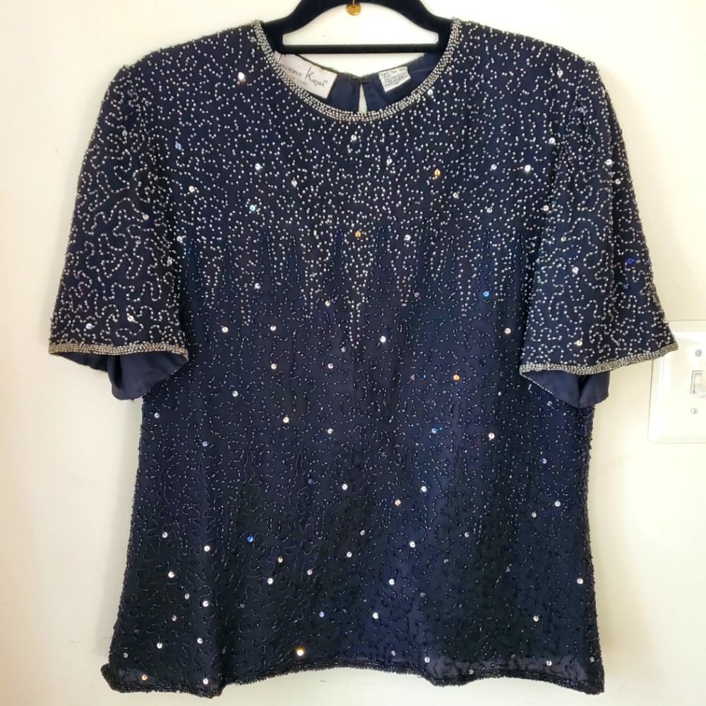 Beaded Black Top Blouse Vintage 80s Lawerence Kazar XL